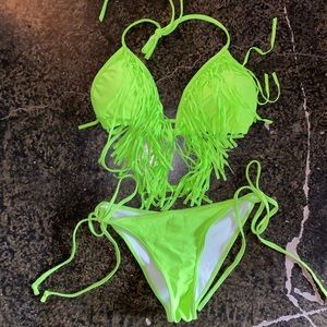 Neon green fringe bikini set
